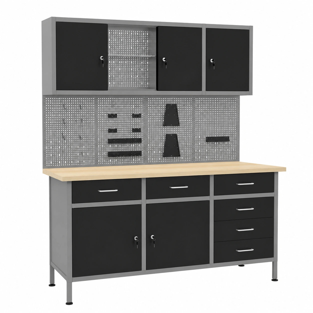 Banco da lavoro 160x60x85 cm in Acciaio e Legno con Cassetti a Sfera, Pareti Forate e Armadi per Officina