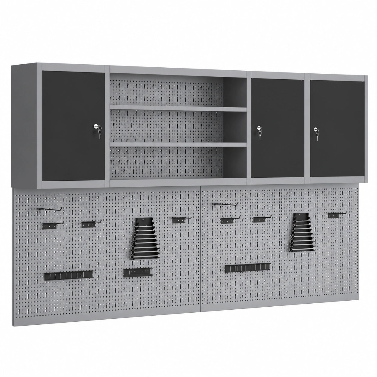 Credenza da officina in acciaio e legno nero/grigio con serratura, 150x20x55 cm, 6 ripiani regolabili
