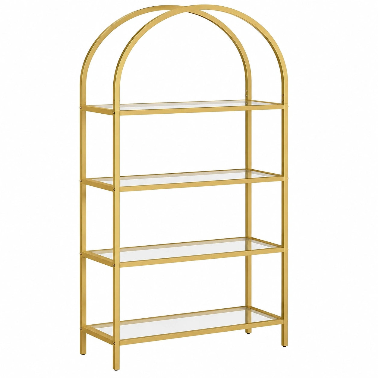 Libreria in Metallo Dorato con Ripiani in Vetro Temperato, Design Curvo, 5 Livelli