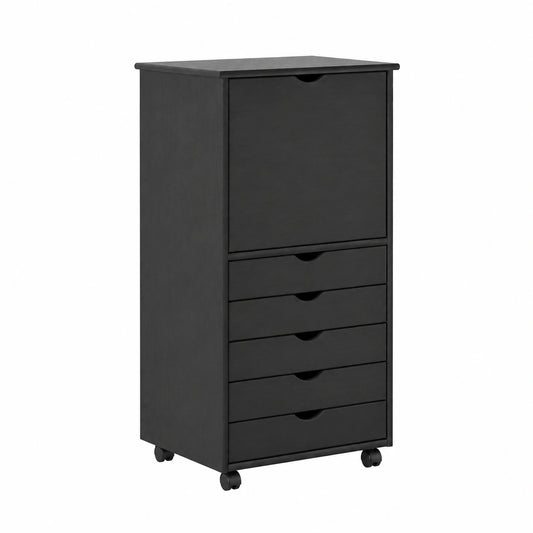 Credenza Mobile in Legno di Pino con Ruote e Mensole Grigie