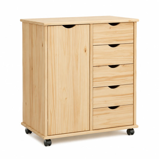 Mobiletto multiuso in legno di pino con ruote, 5 cassetti, ripiano, marrone, 63,5 x 39 x 79 cm, per ufficio e casa