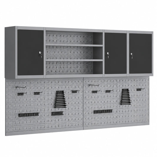 Credenza da officina in acciaio e legno nero/grigio con serratura, 150x20x55 cm, 6 ripiani regolabili